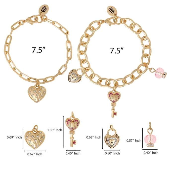 Charm Bracelet Set with Heart and Key Charms Charm Bracelet Set with Heart and Key Charms