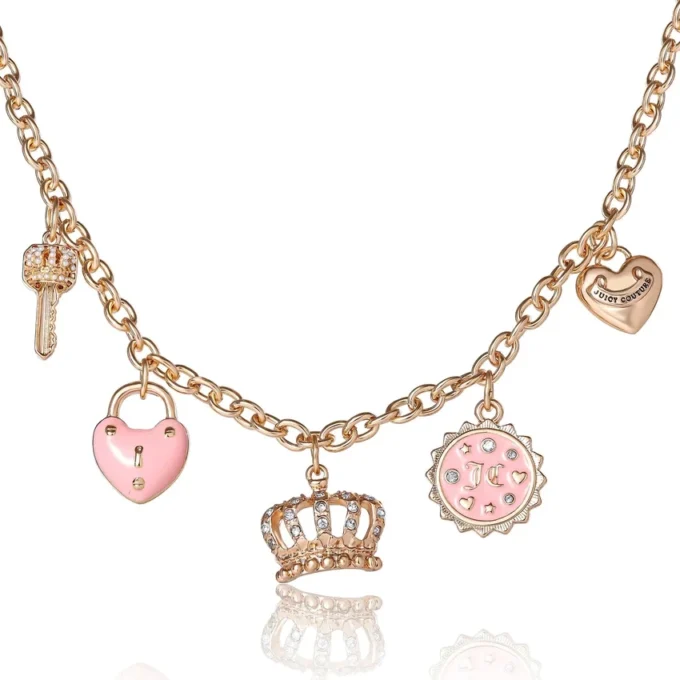 Charm Necklace with Pink Enamel Accents and Crystal Details Charm Necklace with Pink Enamel Accents and Crystal Details