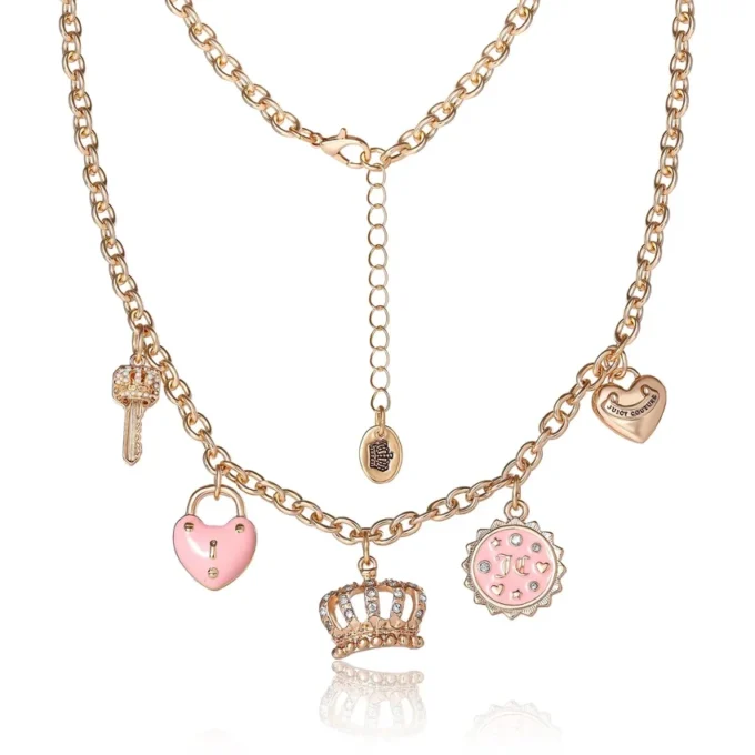Charm Necklace with Pink Enamel Accents and Crystal Details Charm Necklace with Pink Enamel Accents and Crystal Details