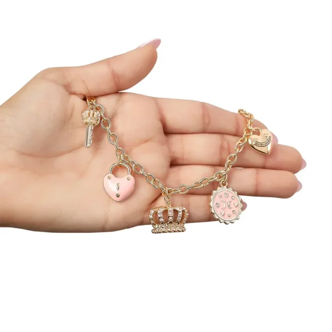 Charm Necklace with Pink Enamel Accents and Crystal Details Charm Necklace with Pink Enamel Accents and Crystal Details