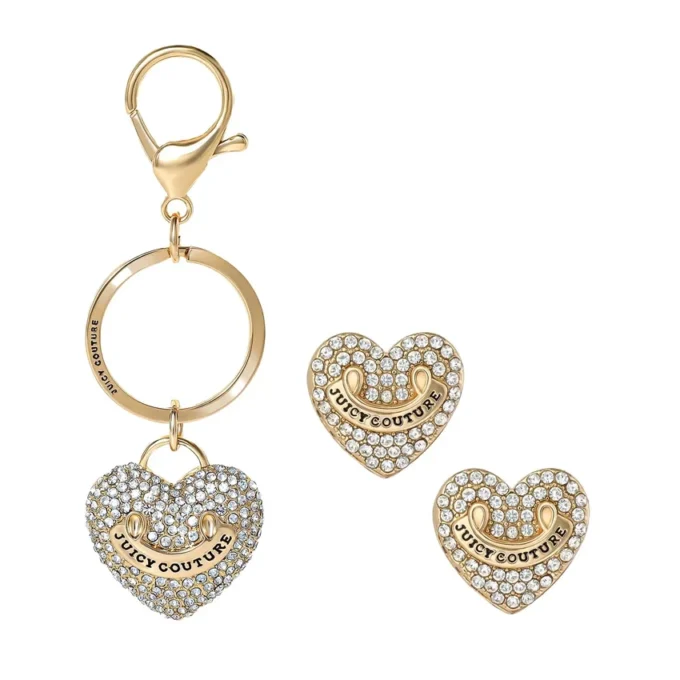 Gold-Tone Pave Heart Keychain Bag Charm & Earrings Set Gold-Tone Pave Heart Keychain Bag Charm & Earrings Set