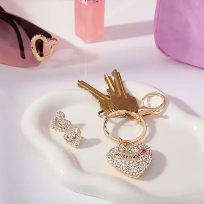 Gold-Tone Pave Heart Keychain Bag Charm & Earrings Set Gold-Tone Pave Heart Keychain Bag Charm & Earrings Set