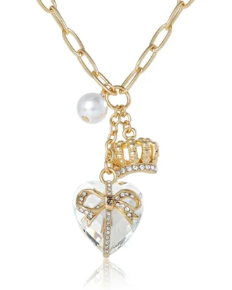 Heart, Crown, Pearl Charm Cluster Necklace