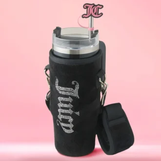 Jetsetter Hydration Stainless Steel Tumbler with Handle, Straw & Topper with Velour Crossbody Pouch