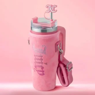 Jetsetter Hydration Stainless Steel Tumbler with Handle, Straw & Topper with Velour Crossbody Pouch