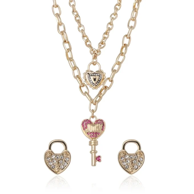 Key Charm Layered Necklace and Lock Earring Set Key Charm Layered Necklace and Lock Earring Set