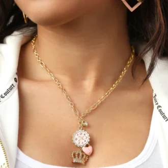 Layered Charm Necklace with Pink Enamel Accents Layered Charm Necklace with Pink Enamel Accents