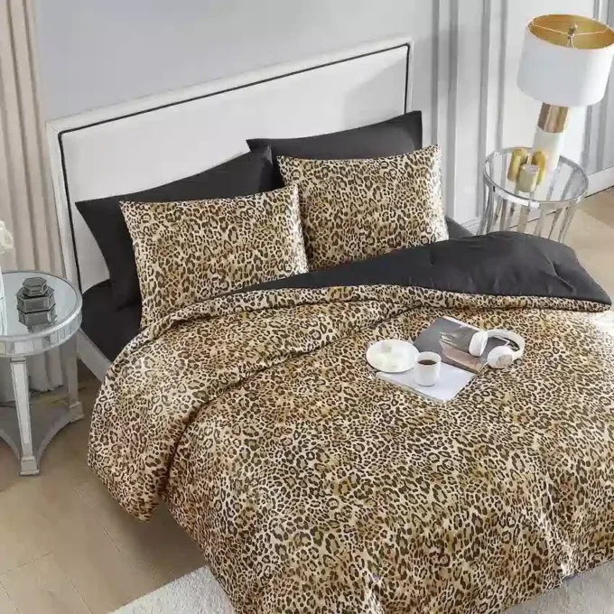 Monica Leopard Satin Reversible Comforter Set Monica Leopard Satin Reversible Comforter Set