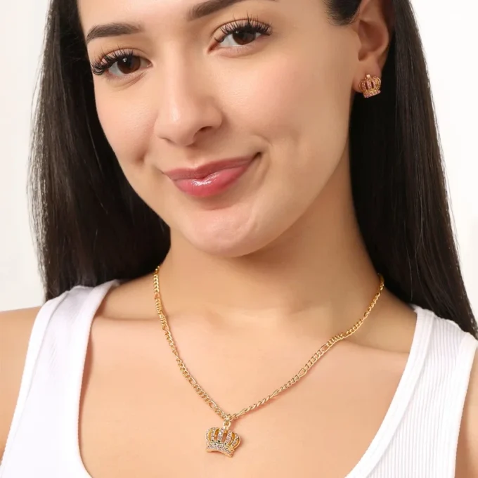 Pink Crystal Crown Pendant Necklace & Stud Earrings Set Pink Crystal Crown Pendant Necklace & Stud Earrings Set