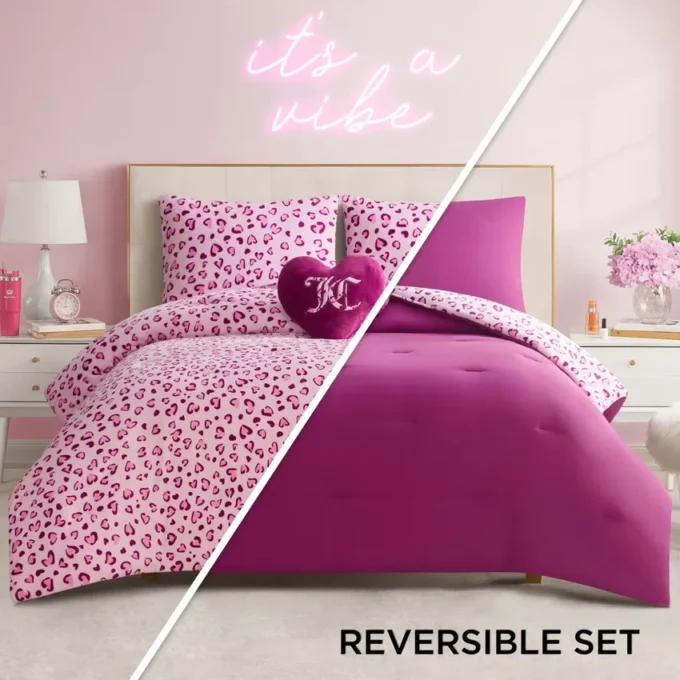Plush Reversible Leopard Hearts Comforter Set Plush Reversible Leopard Hearts Comforter Set