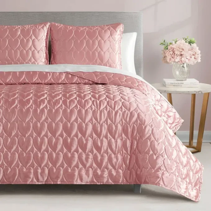 Satin Heart Stitched Quilt Set Satin Heart Stitched Quilt Set