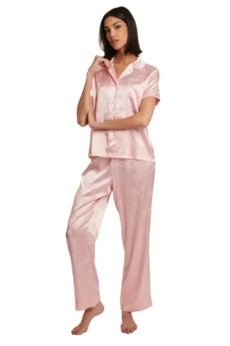 Satin Short Sleeve Notch Collar Pj Set Satin Short Sleeve Notch Collar Pj Set
