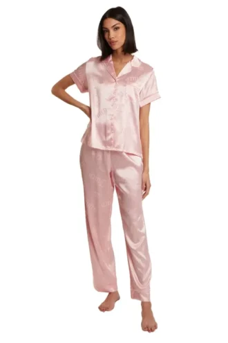 Satin Short Sleeve Notch Collar Pj Set Satin Short Sleeve Notch Collar Pj Set